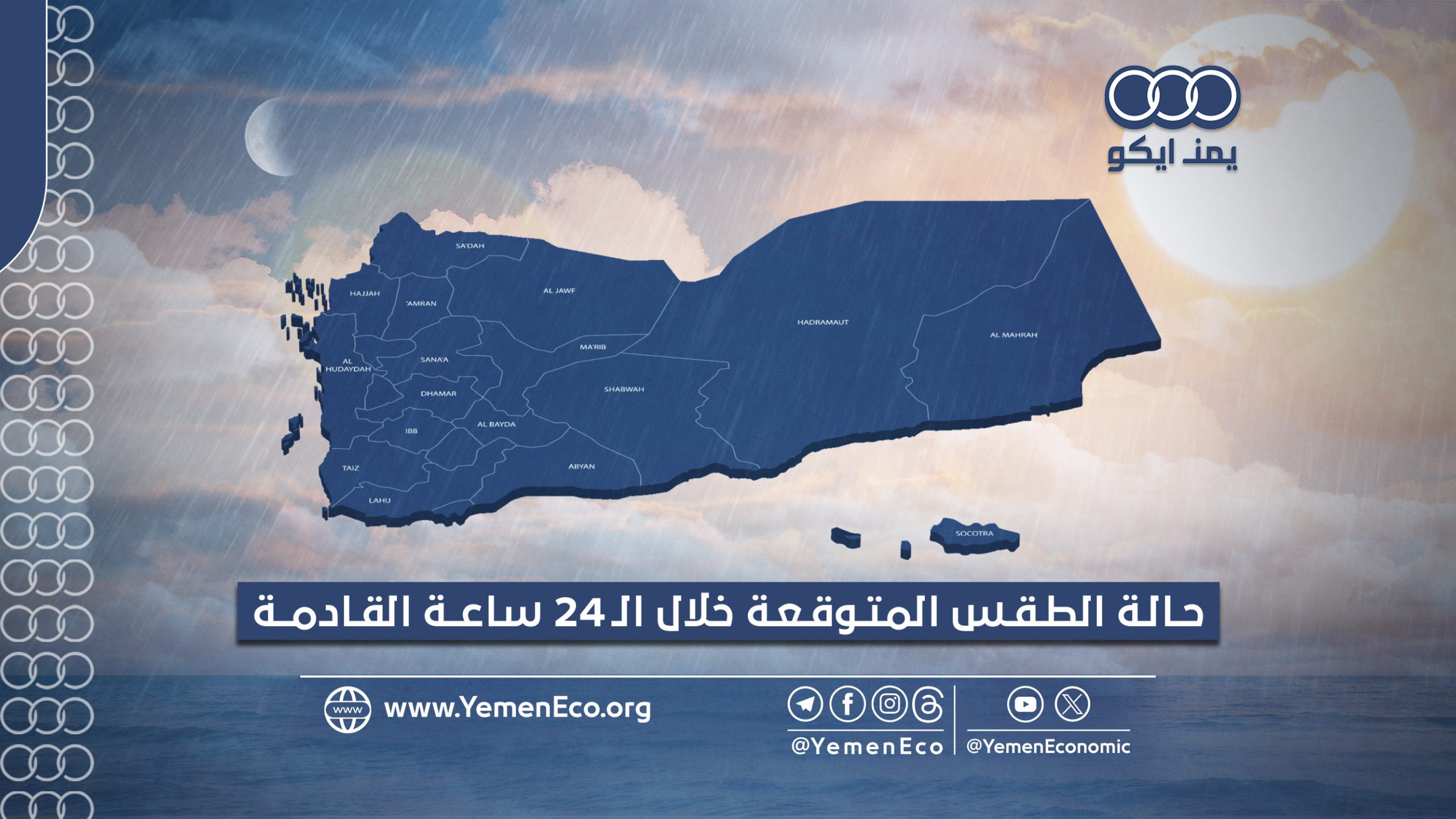 أجواء صحوة إلى غائمة جزئياً مع هطول أمطار رعدية في المحافظات اليمنية